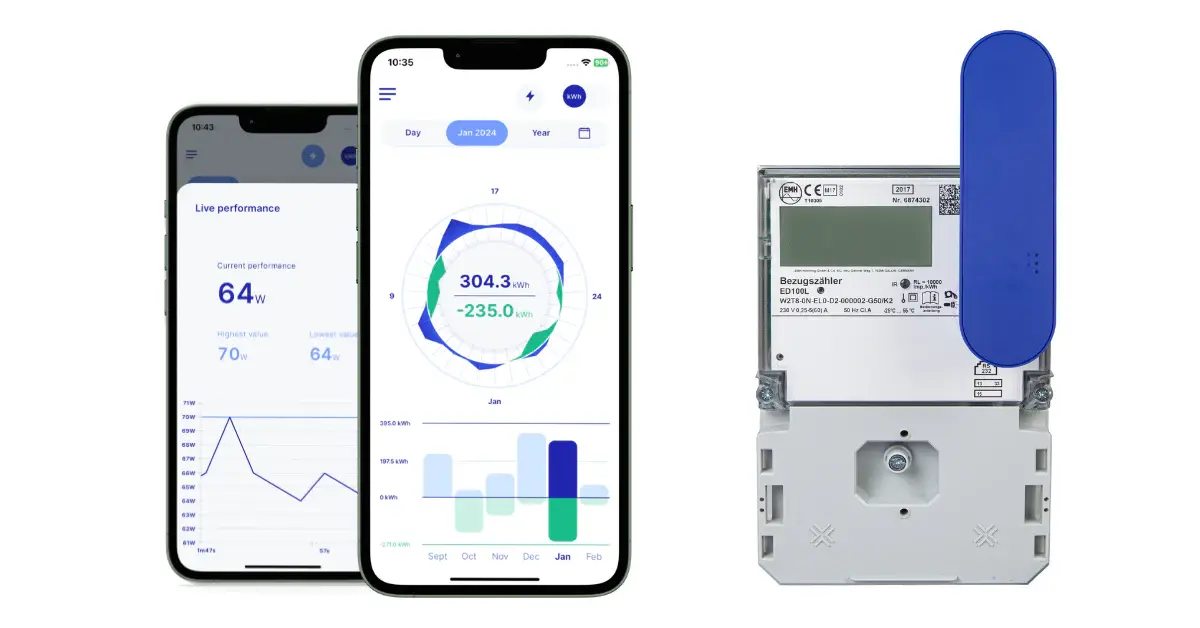 IOmeter-Lesekopf am digitalen Stromz&auml;hler mit zugeh&ouml;riger Smartphone-App