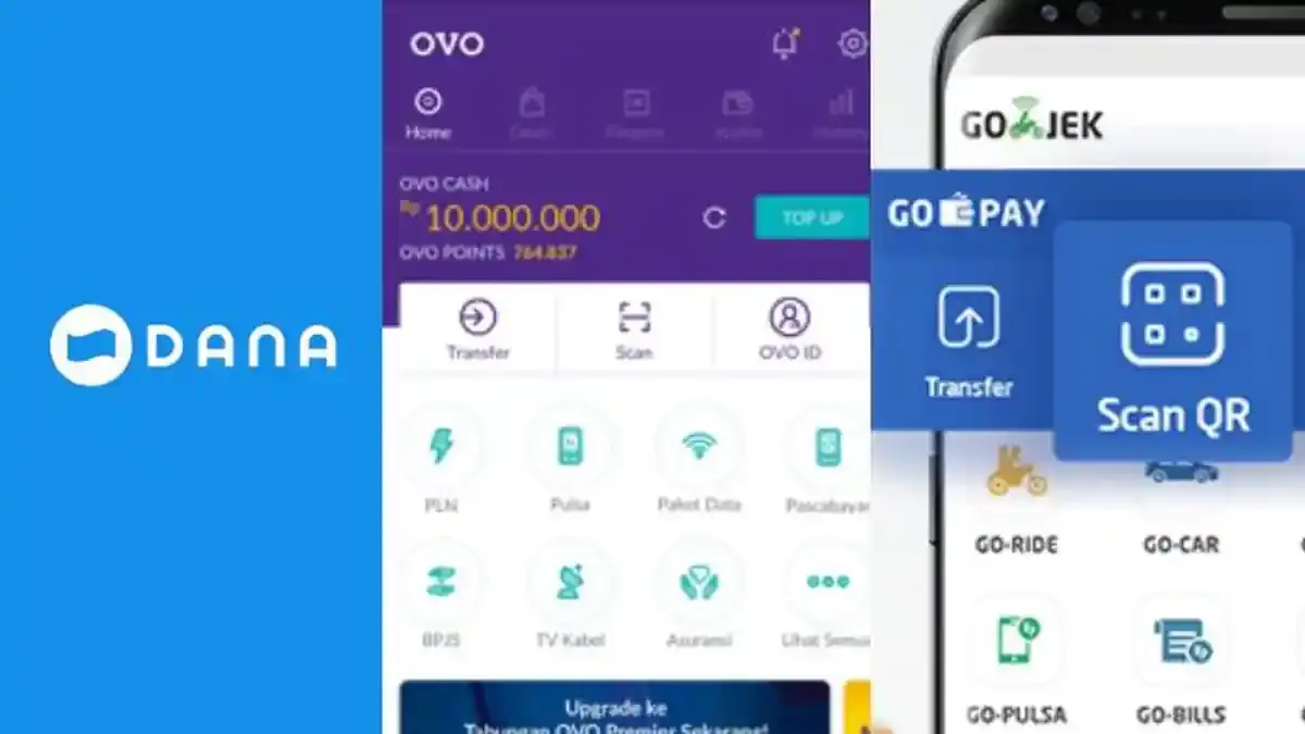 Perbandingan tampilan antarmuka aplikasi DANA, GoPay, dan OVO