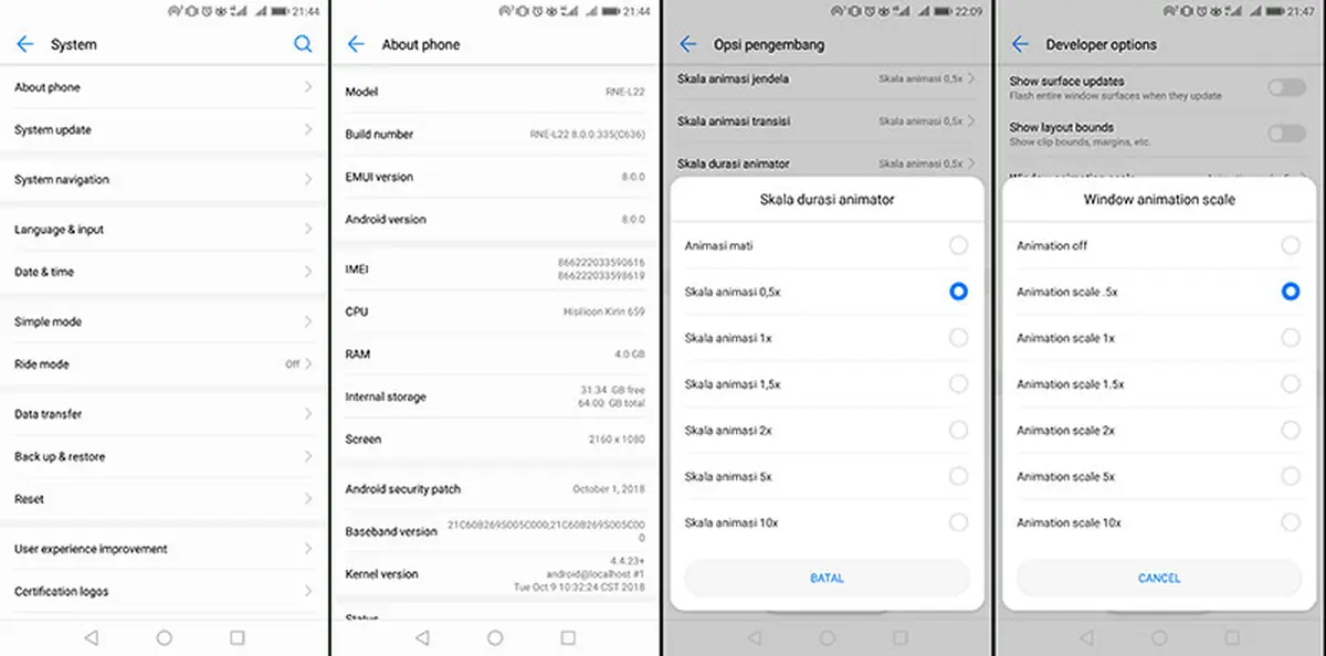 Screenshot pengaturan skala animasi di Developer Options Android