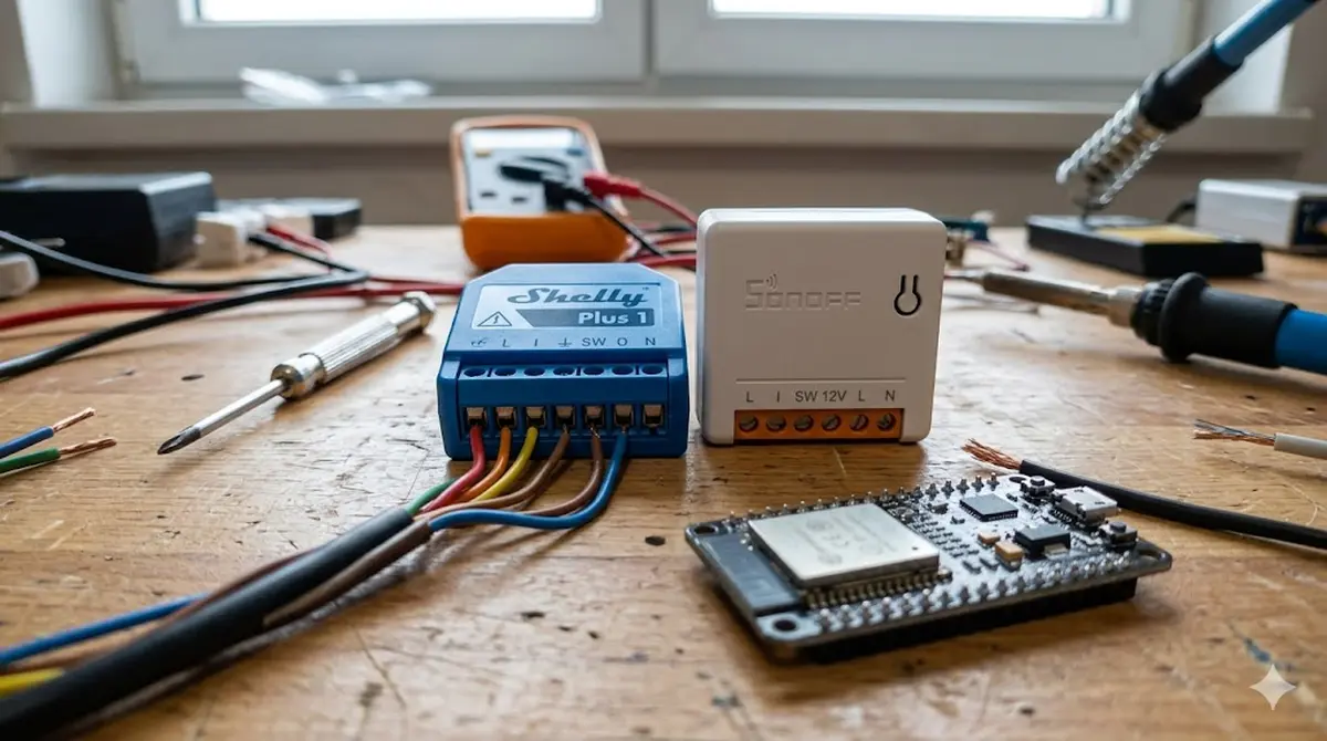 Shelly Plus 1 und Sonoff MINI Extreme nebeneinander auf einer Werkbank mit sichtbaren Anschlussklemmen und ESP32-Platine