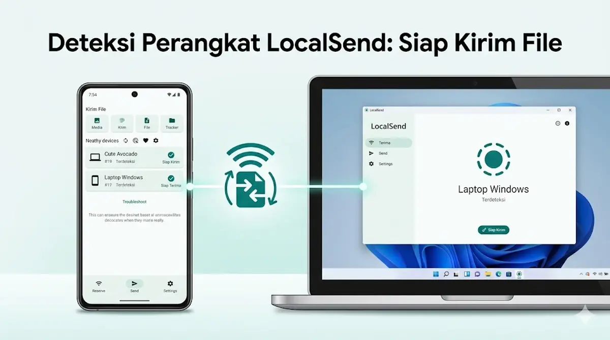 Tampilan aplikasi LocalSend di HP Android dan laptop dengan ikon perangkat saling terdeteksi siap mengirim file