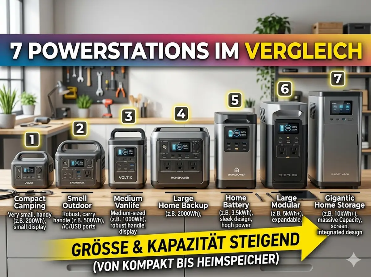 Sieben Powerstations nebeneinander im Vergleich, verschiedene Gr&ouml;&szlig;enklassen von kompakt bis Heimspeicher