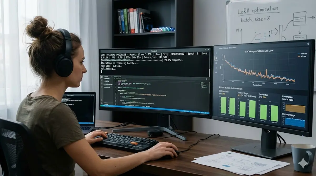 Developer workstation showing terminal with LLM training progress, loss curve graph, and GPU utilization metrics on a second monitor