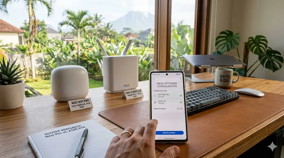 Side-by-side Vergleich von zwei Mesh-Routern auf einem Schreibtisch, Smartphone mit Konfigurations-App im Vordergrund