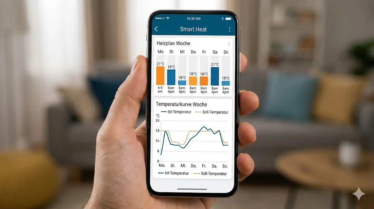 Smartphone-Bildschirm zeigt Smart-Home-App mit Heizplan und Temperaturkurve f&uuml;r die Woche