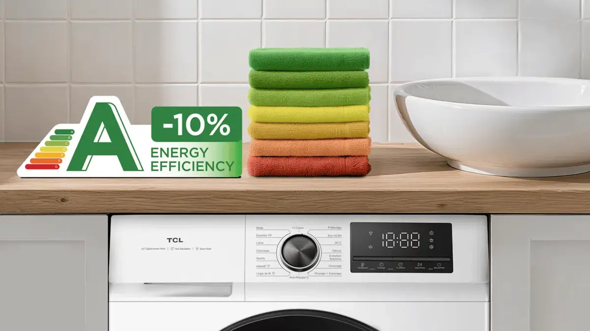 Moderne Waschmaschine mit Energielabel und Temperaturanzeige