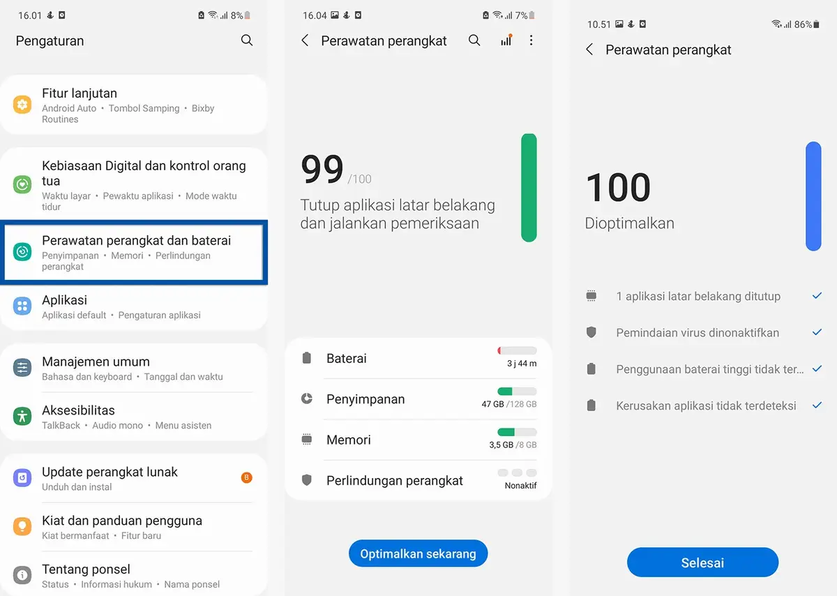 Tampilan fitur pembersihan RAM bawaan di HP Android