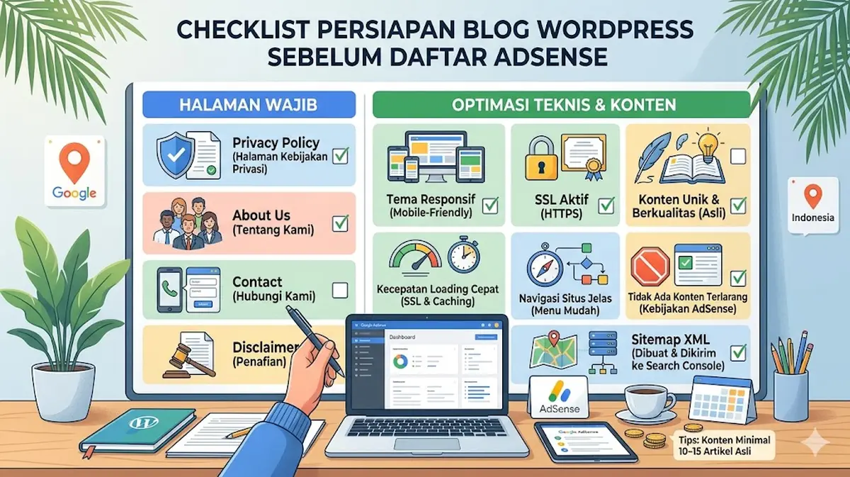 Checklist persiapan blog WordPress sebelum daftar AdSense, mencakup halaman wajib Privacy Policy About Us Contact Disclaimer dan optimasi teknis