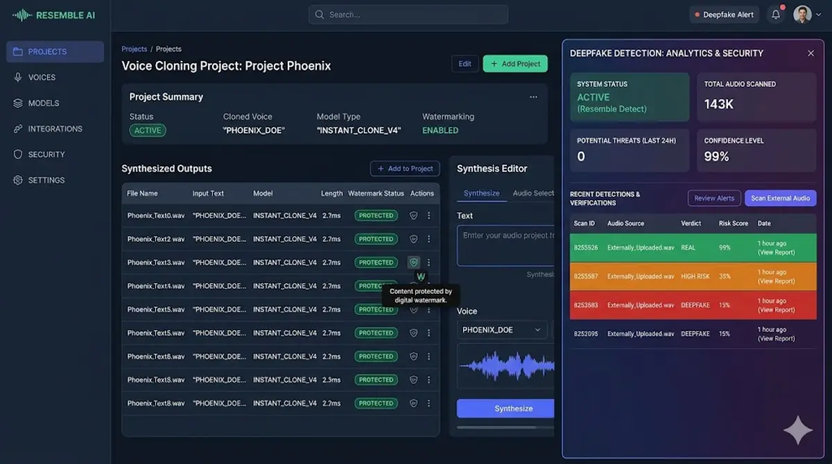 Resemble AI dashboard showing voice cloning project with watermark indicator and deepfake detection panel