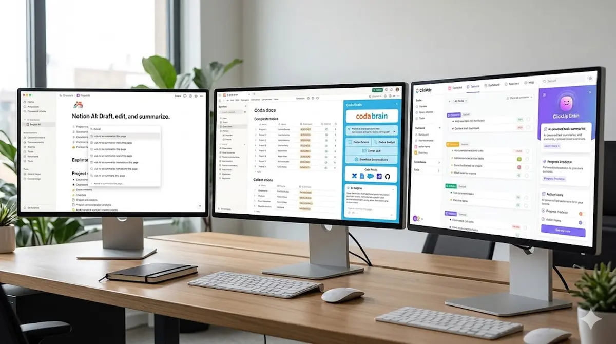 Three workspace dashboards side by side showing Notion AI, Coda Brain, and ClickUp Brain interfaces with their AI assistants active