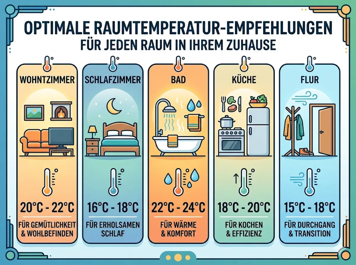 Infografik mit Raumtemperatur-Empfehlungen pro Zimmer: Wohnzimmer, Schlafzimmer, Bad, K&uuml;che und Flur mit Grad-Angaben
