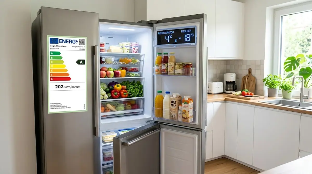 Ge&ouml;ffneter moderner K&uuml;hlschrank mit Energieeffizienzlabel und digitaler Temperaturanzeige in einer hellen K&uuml;che