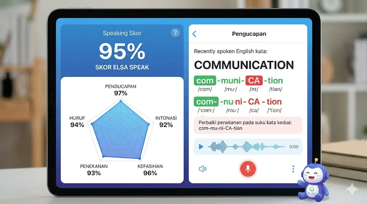 Tampilan aplikasi ELSA Speak menampilkan analisis pronunciation dan skor pelafalan kata bahasa Inggris