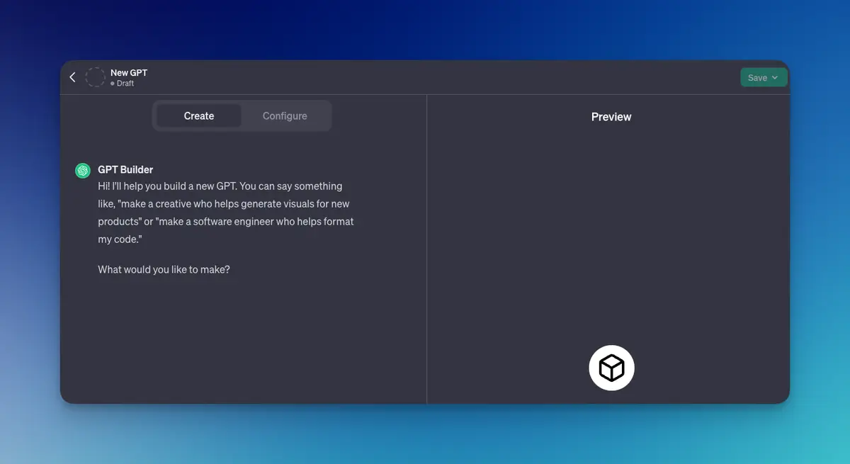 The GPT builder interface showing the Create and Configure tabs side by side.
