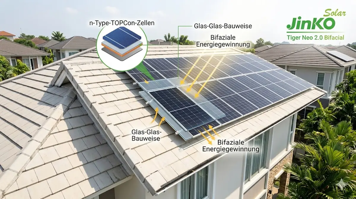 Jinko Solar Tiger Neo 2.0 bifaziales Solarmodul mit n-Type-TOPCon-Zellen und Glas-Glas-Bauweise