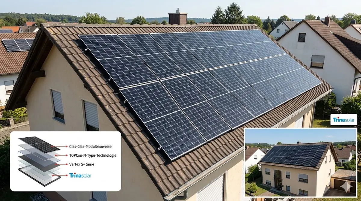 Trina Solar Vertex S+ Glas-Glas-Modul mit TOPCon-N-Type-Technologie auf einer Wohnhaus-Dachinstallation