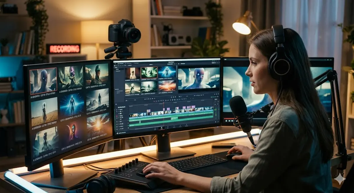 Cinematic 4K AI-generated video frame showing photorealistic urban scene with rain and reflections, displayed on a creator's monitor