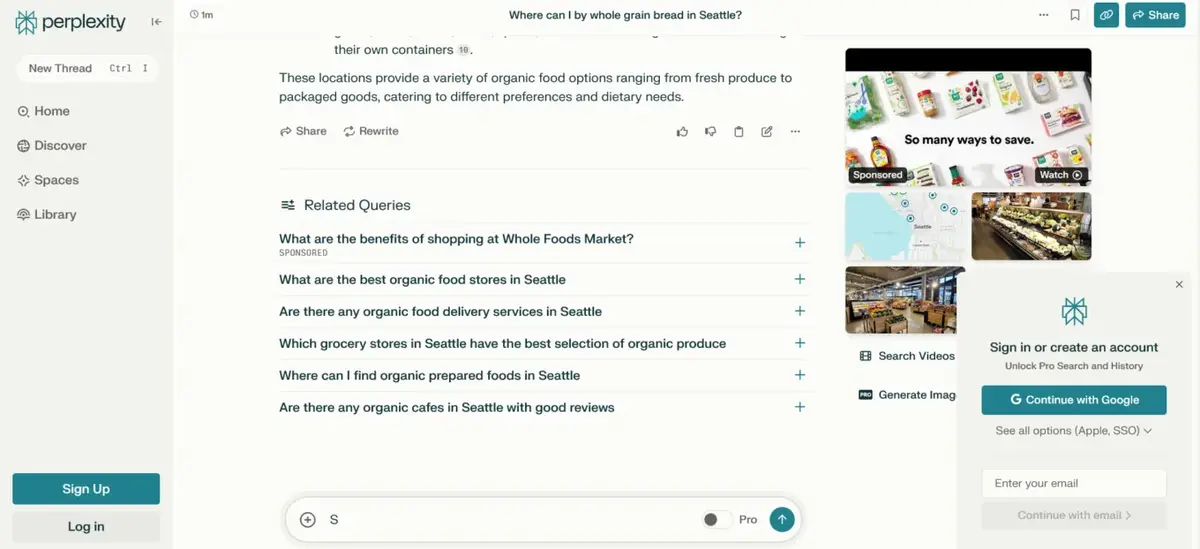 Comparison showing an ad-free Perplexity result versus a Google AI Overview with sponsored placements