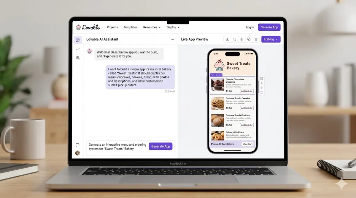 Lovable no-code AI app builder showing a generated app preview on the right side and the AI prompt chat interface on the left