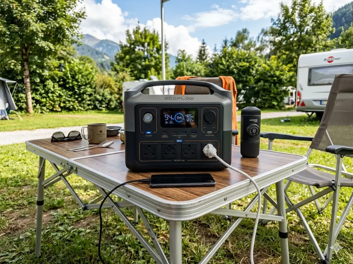 EcoFlow Delta 2 Powerstation mit 14 Ausg&auml;ngen und Display, aufgestellt auf einem Campingtisch
