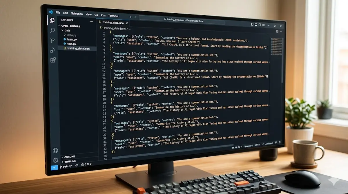 Code editor displaying a JSONL file with ChatML-formatted training examples showing system, user, and assistant role messages