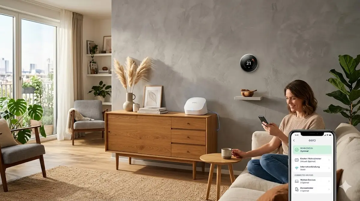 Modernes Wohnzimmer mit Mesh-WLAN-Knotenpunkt auf einem Sideboard, smartes Thermostat an der Wand und Smartphone mit WLAN-Status-App