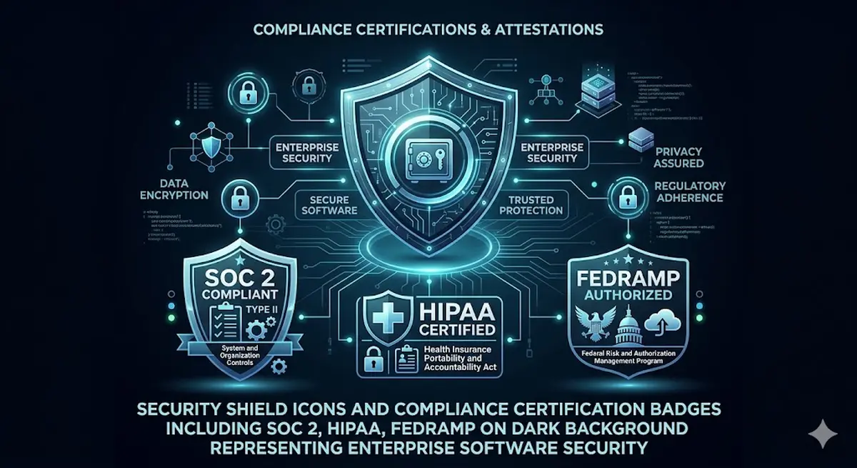 Security shield icons and compliance certification badges including SOC 2, HIPAA, FedRAMP on dark background representing enterprise software security