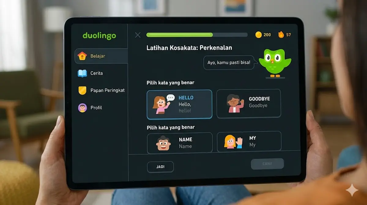 Tampilan antarmuka aplikasi Duolingo dengan karakter burung hantu dan latihan kosakata bahasa Inggris