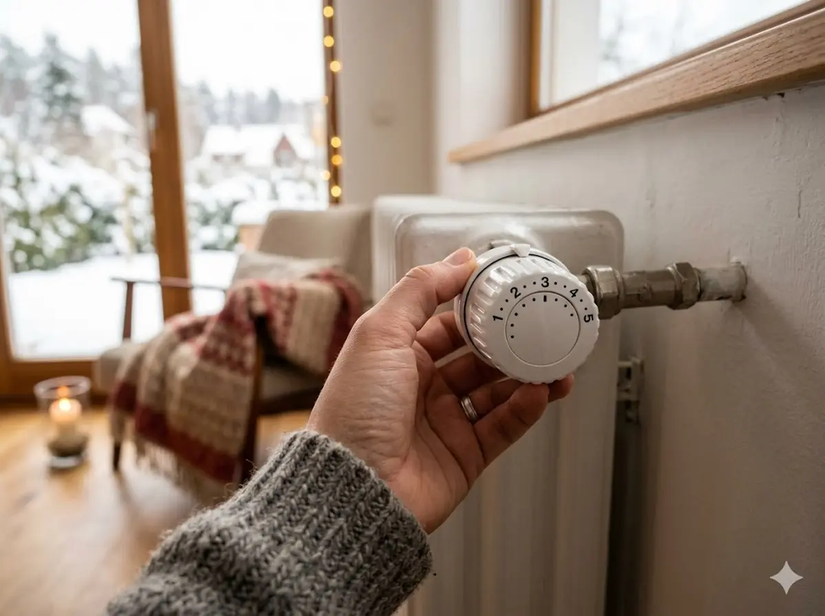 Nahaufnahme Heizk&ouml;rperthermostat mit Skala 1 bis 5, Hand dreht Regler auf Stufe 3 im Winterwohnzimmer