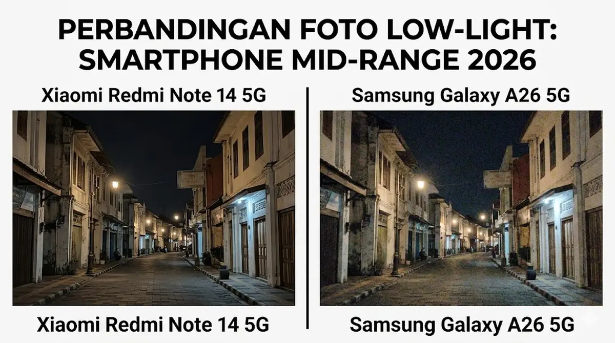 Perbandingan dua foto low-light dari smartphone mid-range, satu lebih tajam dan natural, satu lebih noisy, ilustrasi perbedaan kualitas kamera