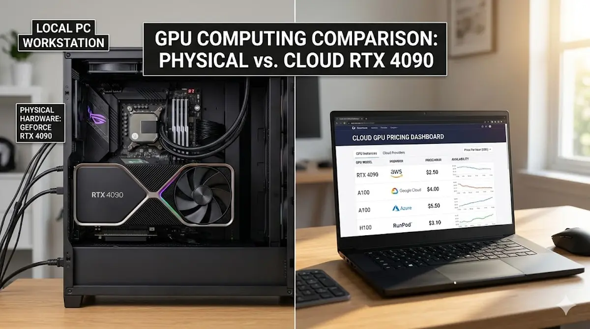 Comparison view of an RTX 4090 GPU installed in a desktop workstation alongside a laptop screen showing cloud GPU pricing dashboard