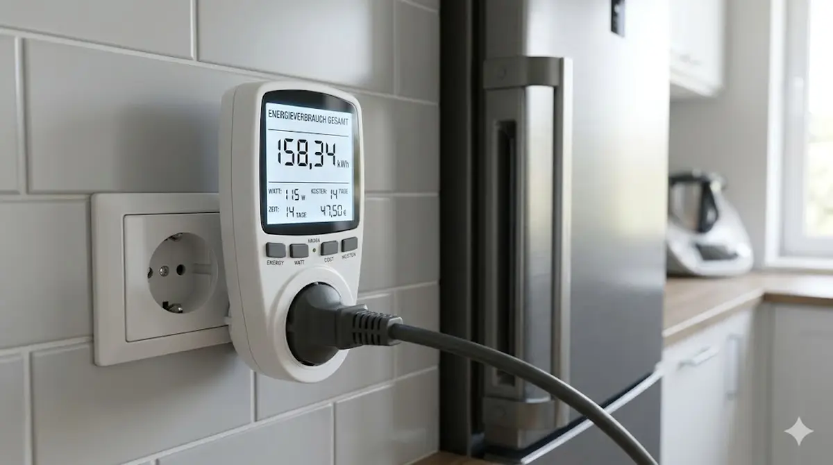 Strommessger&auml;t zwischen Steckdose und K&uuml;hlschrank-Stecker mit deutlicher kWh-Anzeige