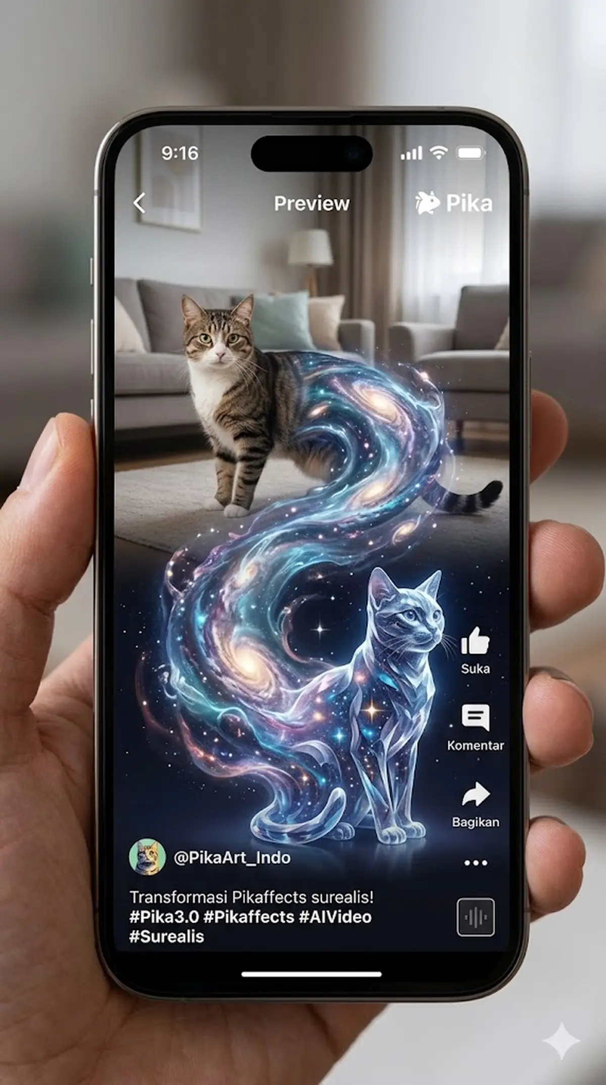 Pika 3.0 short-form vertical video preview on a phone screen showing surreal Pikaffects transformation