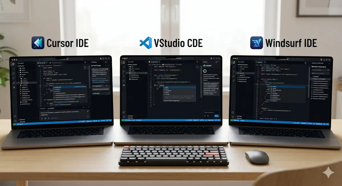 Three laptop screens side by side showing Cursor, GitHub Copilot, and Windsurf IDE interfaces with AI code suggestions visible