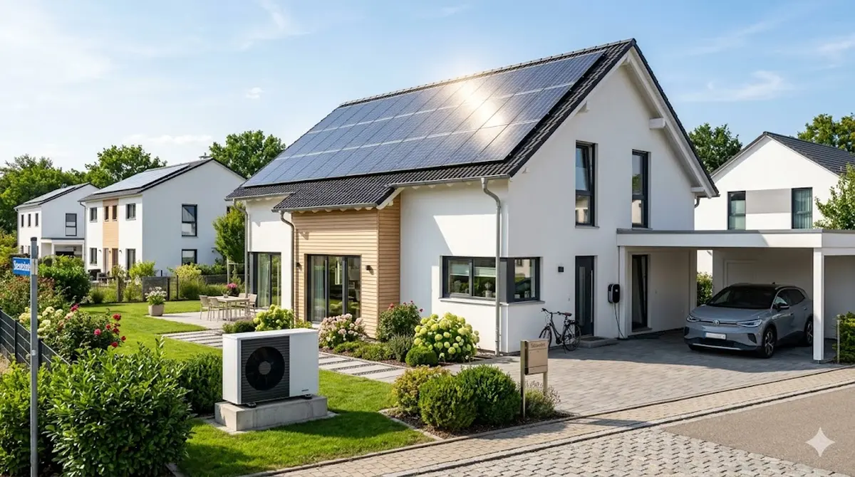 Modernes deutsches Einfamilienhaus mit Photovoltaik-Anlage auf dem Dach, W&auml;rmepumpe im Garten und Elektroauto an der Wallbox