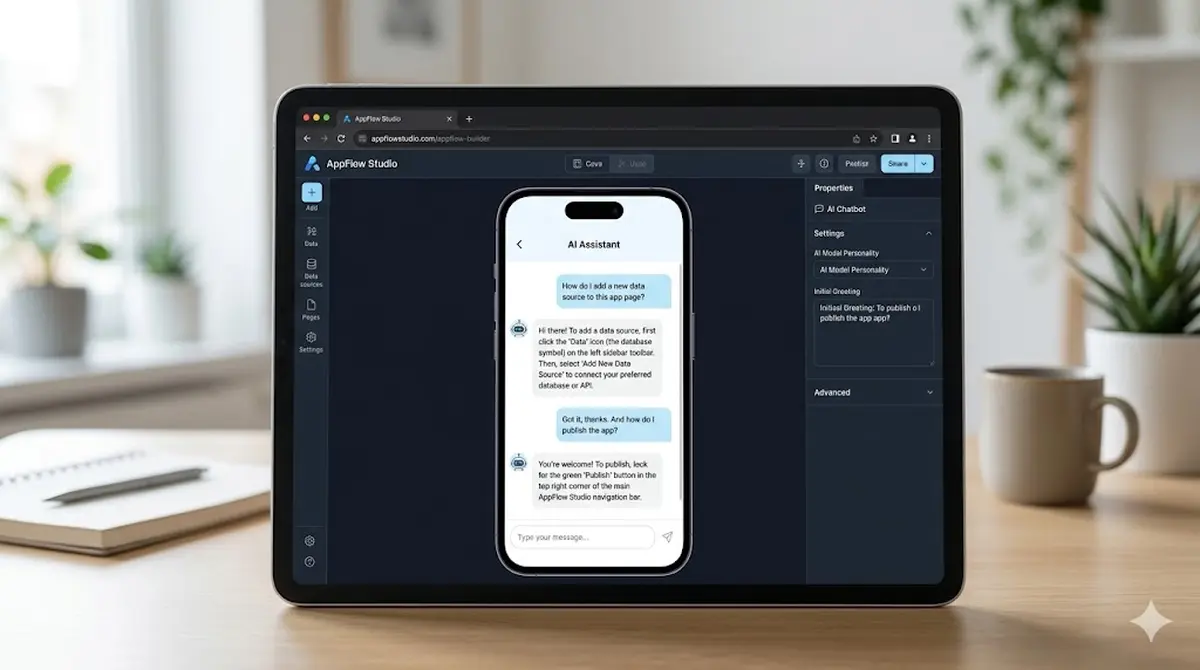 AI-powered chatbot interface inside a no-code app builder showing user messages and AI responses in a clean chat UI