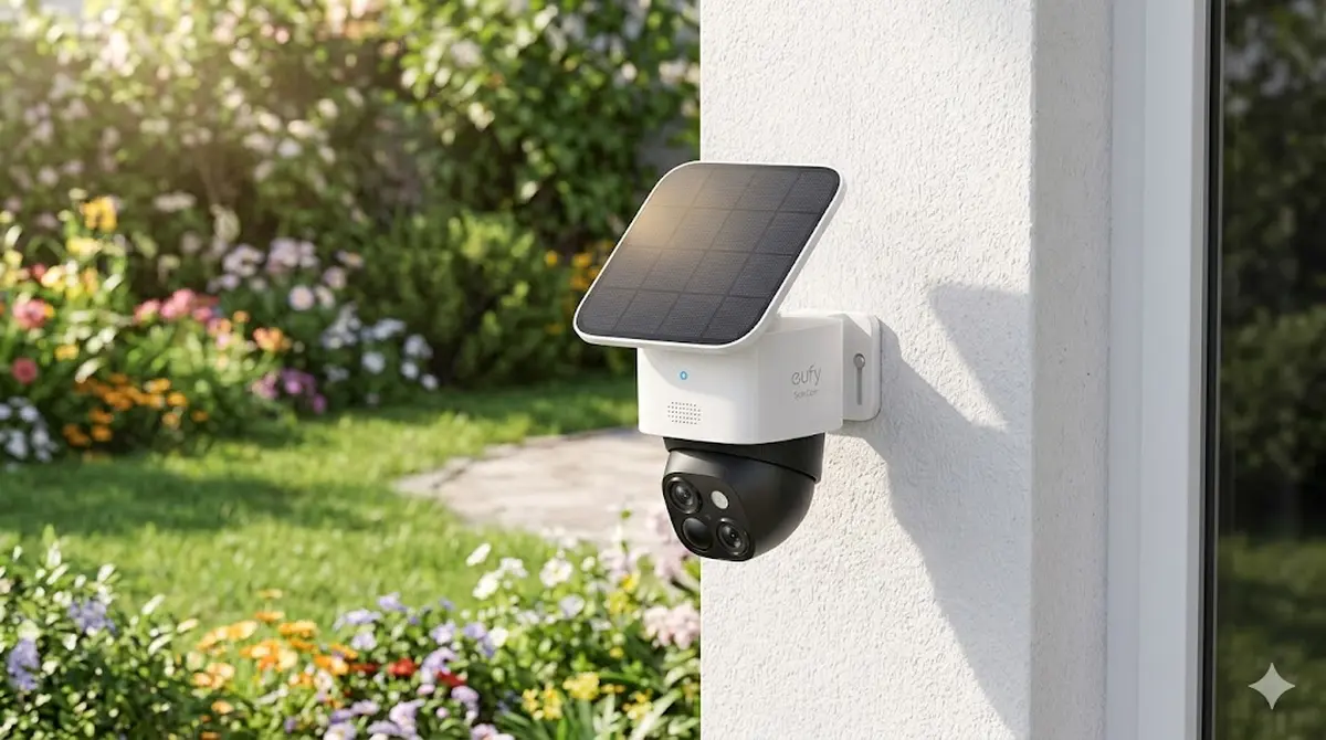 eufy SoloCam S340 mit integriertem Solarpanel an einer Hauswand im Garten montiert