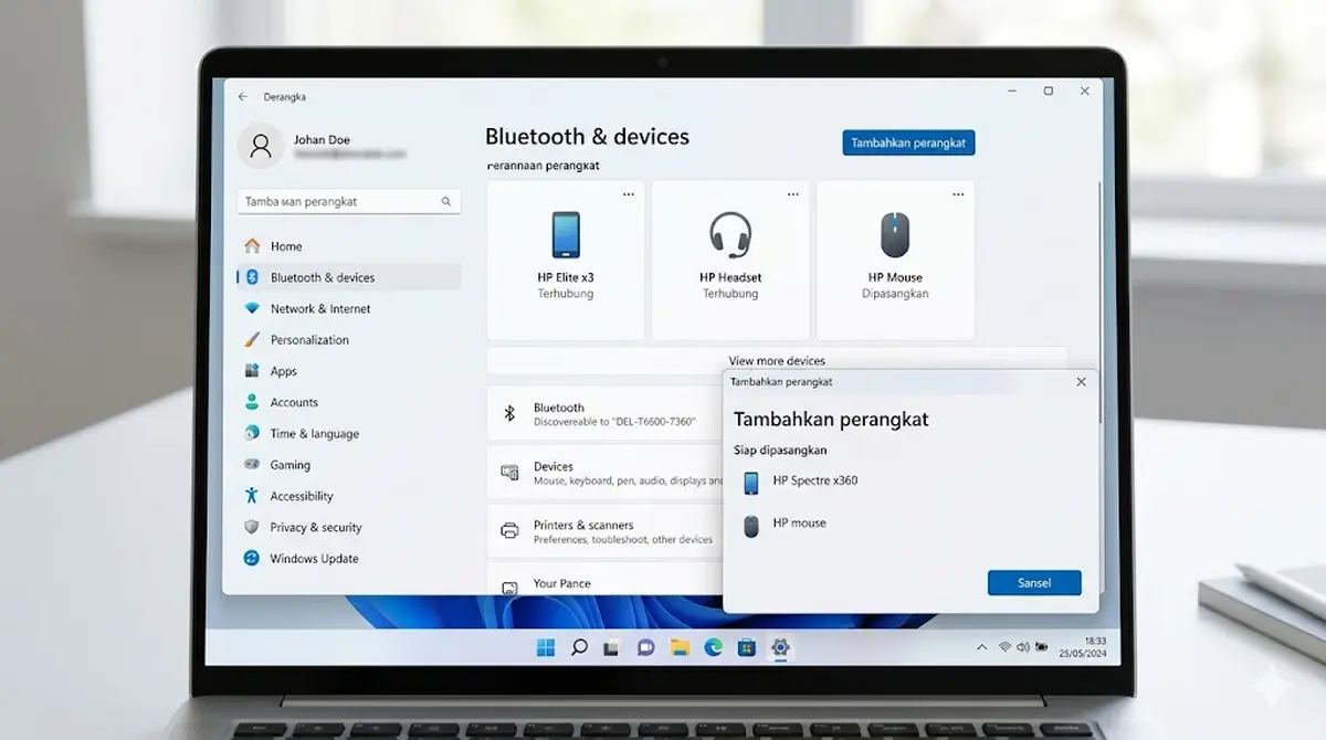 Pengaturan Bluetooth di Windows 11 menampilkan daftar perangkat HP yang terhubung dan siap pairing