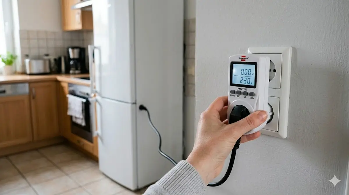 Hand steckt ein Energiekostenmessger&auml;t in eine deutsche Schuko-Steckdose, im Hintergrund ein angeschlossener K&uuml;hlschrank