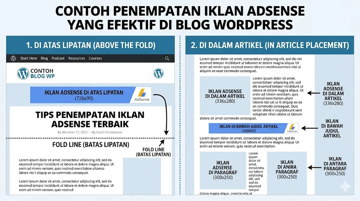 Contoh penempatan iklan AdSense yang efektif di blog WordPress menunjukkan posisi above the fold dan in article placement