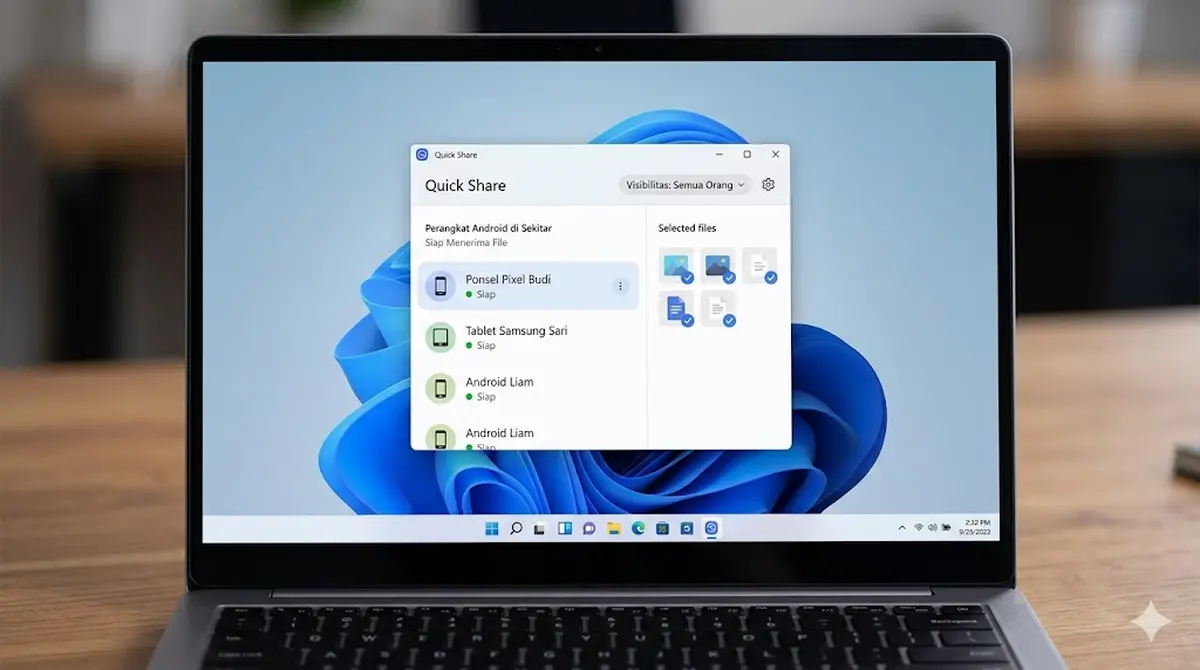 Antarmuka aplikasi Quick Share di laptop Windows menampilkan daftar perangkat Android terdeteksi siap menerima file