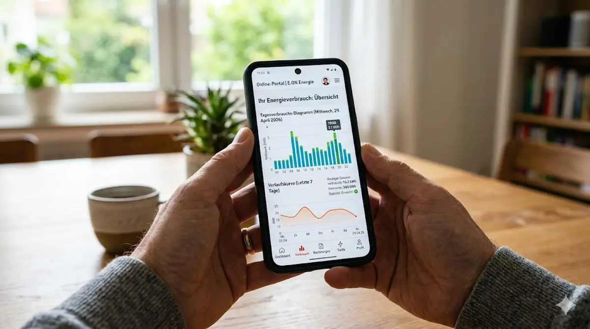 Smartphone zeigt das Online-Portal eines deutschen Stromanbieters mit Tagesverbrauchs-Diagramm und Verlaufskurve in kWh