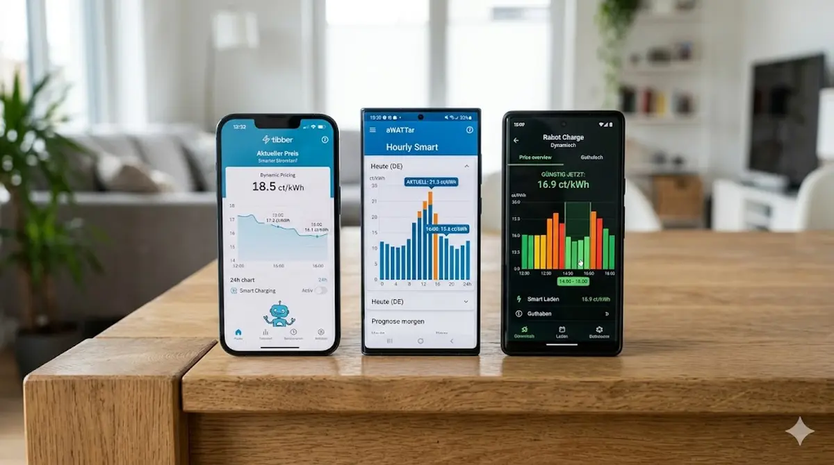 Drei Smartphones nebeneinander mit den Tarif-Apps von Tibber, aWATTar und Rabot Charge im direkten Vergleich