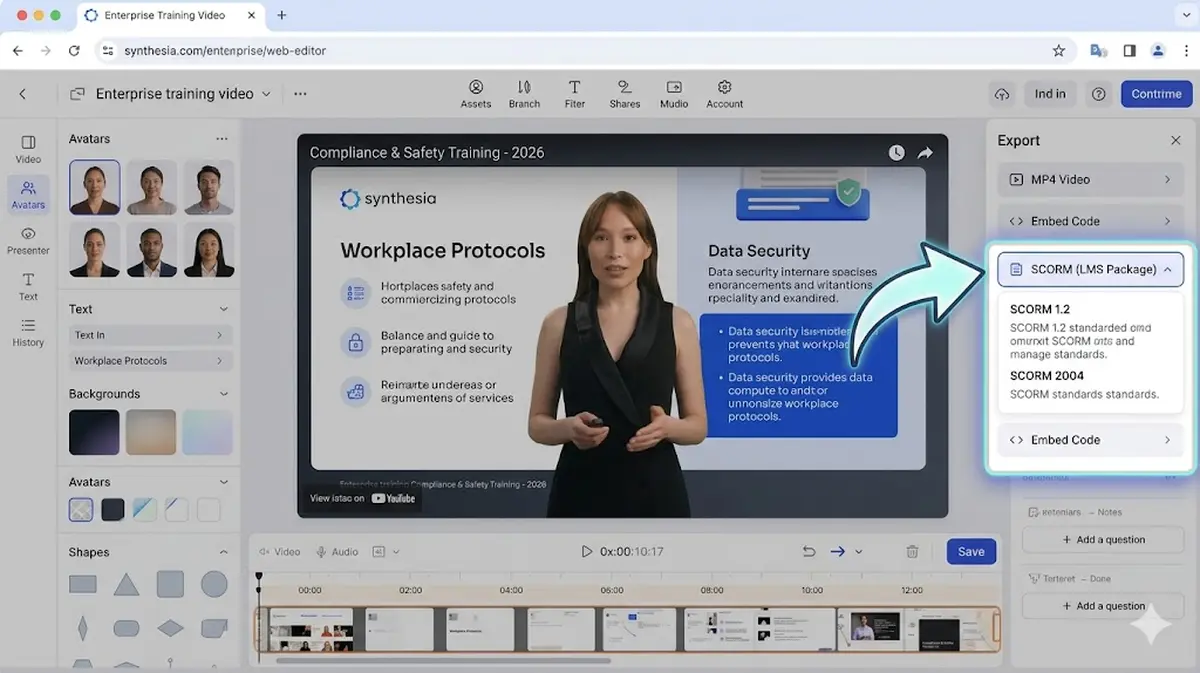 Synthesia editor showing an enterprise training video with AI avatar presenter and SCORM export option highlighted