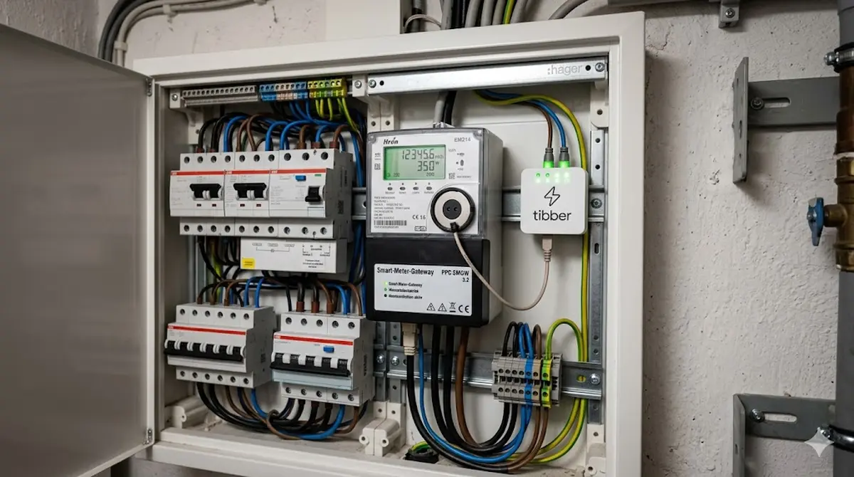 Intelligenter Stromz&auml;hler mit Smart-Meter-Gateway in einem deutschen Sicherungskasten, daneben ein Tibber-Pulse-Auslesekopf