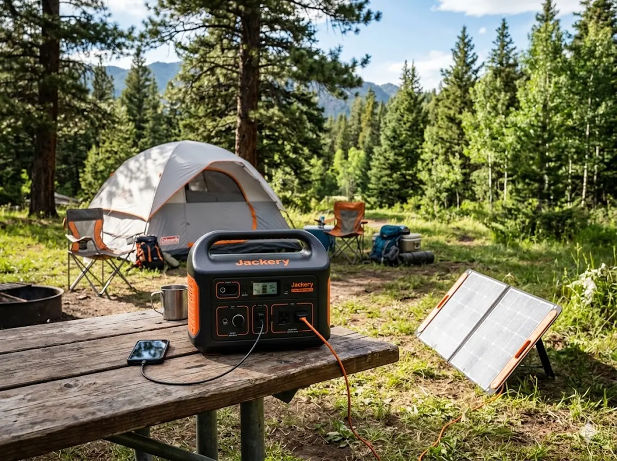 Jackery Explorer 1000 v2 tragbare Powerstation, oranges Design, am Campingplatz mit Solarpanel