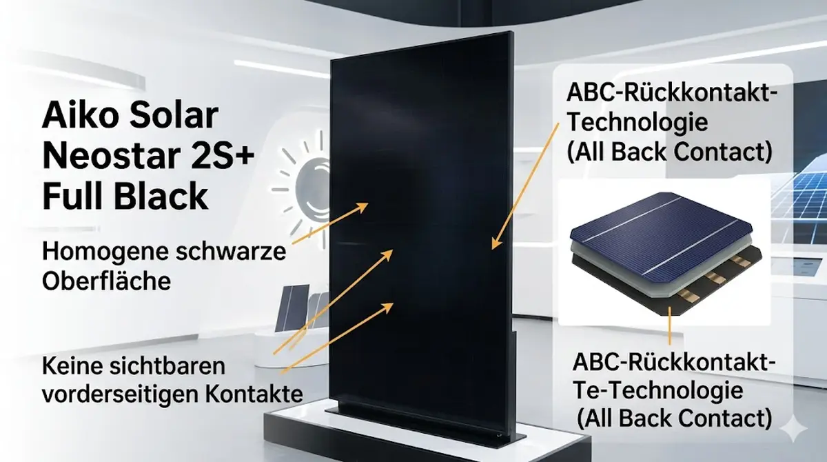 Aiko Solar Neostar 2S+ Full Black Modul mit homogener schwarzer Oberfl&auml;che durch ABC-R&uuml;ckkontakt-Technologie