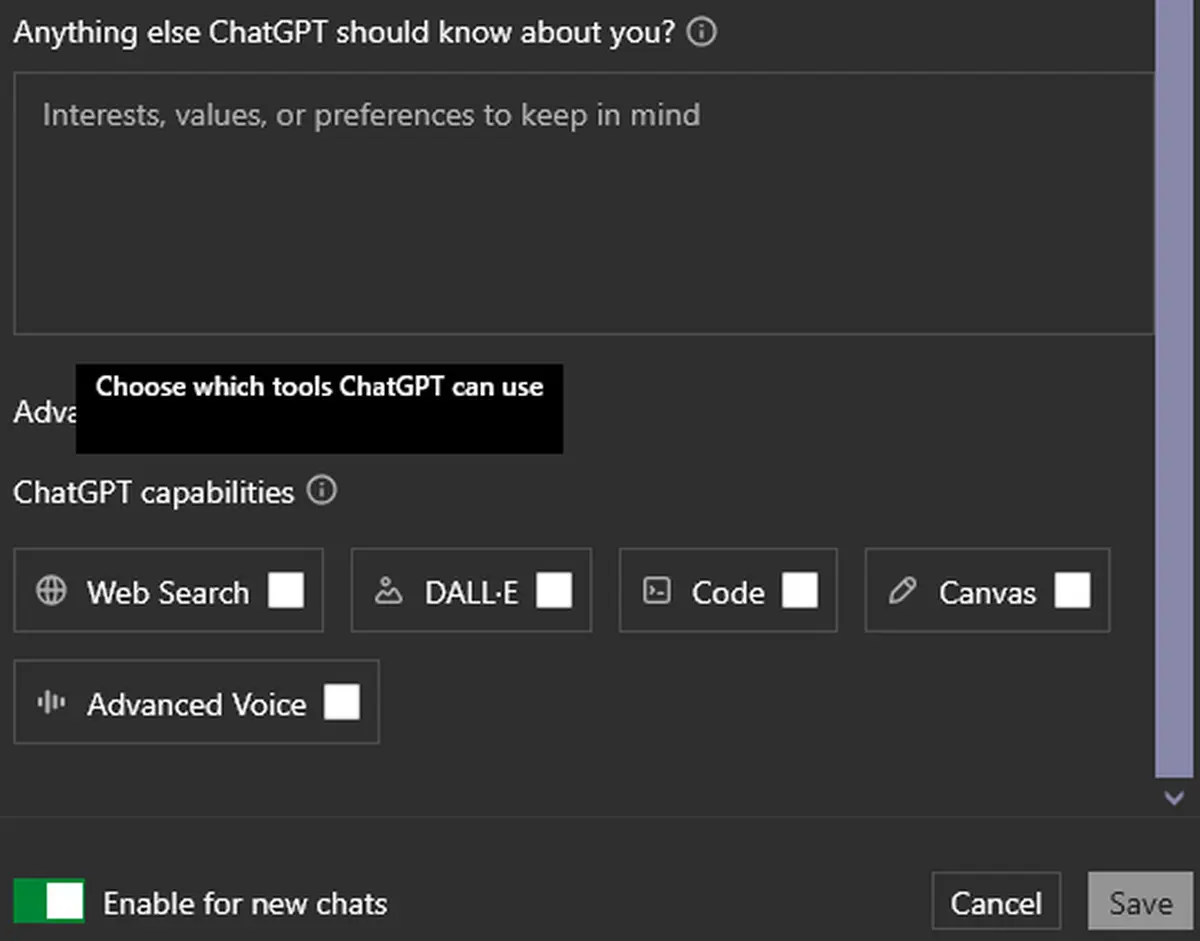 The Capabilities section showing toggle switches for Web Browsing, DALL&middot;E, and Code Interpreter.