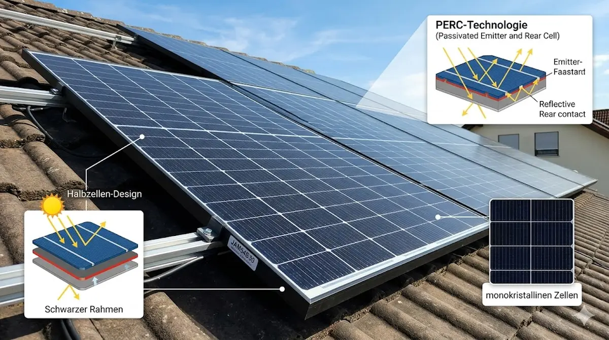 JA Solar JAM54S30 Solarmodul mit PERC-Technologie und monokristallinen Zellen auf einem Privathaushalts-Dach