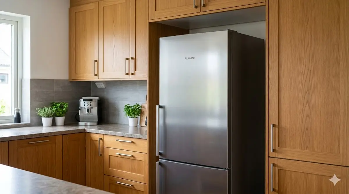 K&uuml;hlschrank mit sichtbarem Abstand zur Wand und ausreichend Bel&uuml;ftungsraum in einer K&uuml;che